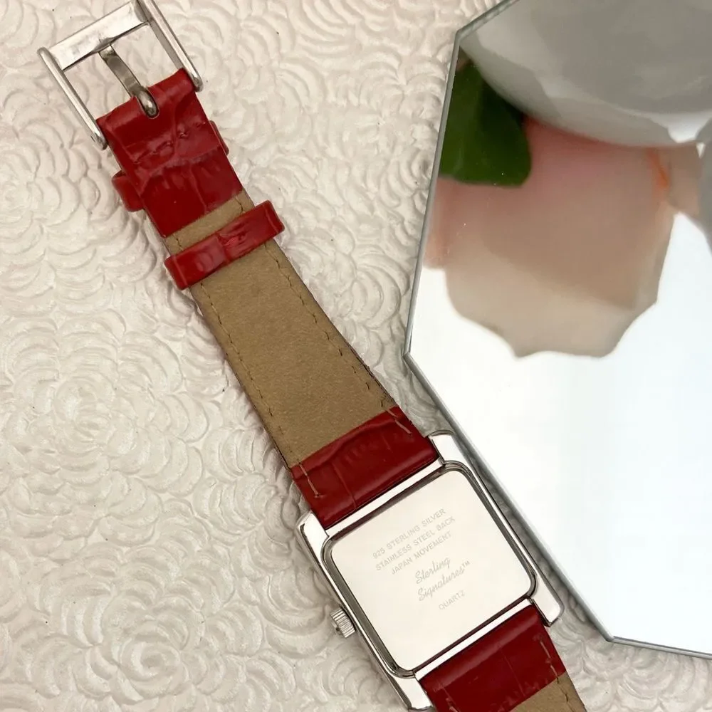 Sterling Signatures 925 Silver Tank Style Watch Mother of Pearl Dial Red Leather - Picture 15 of 16
